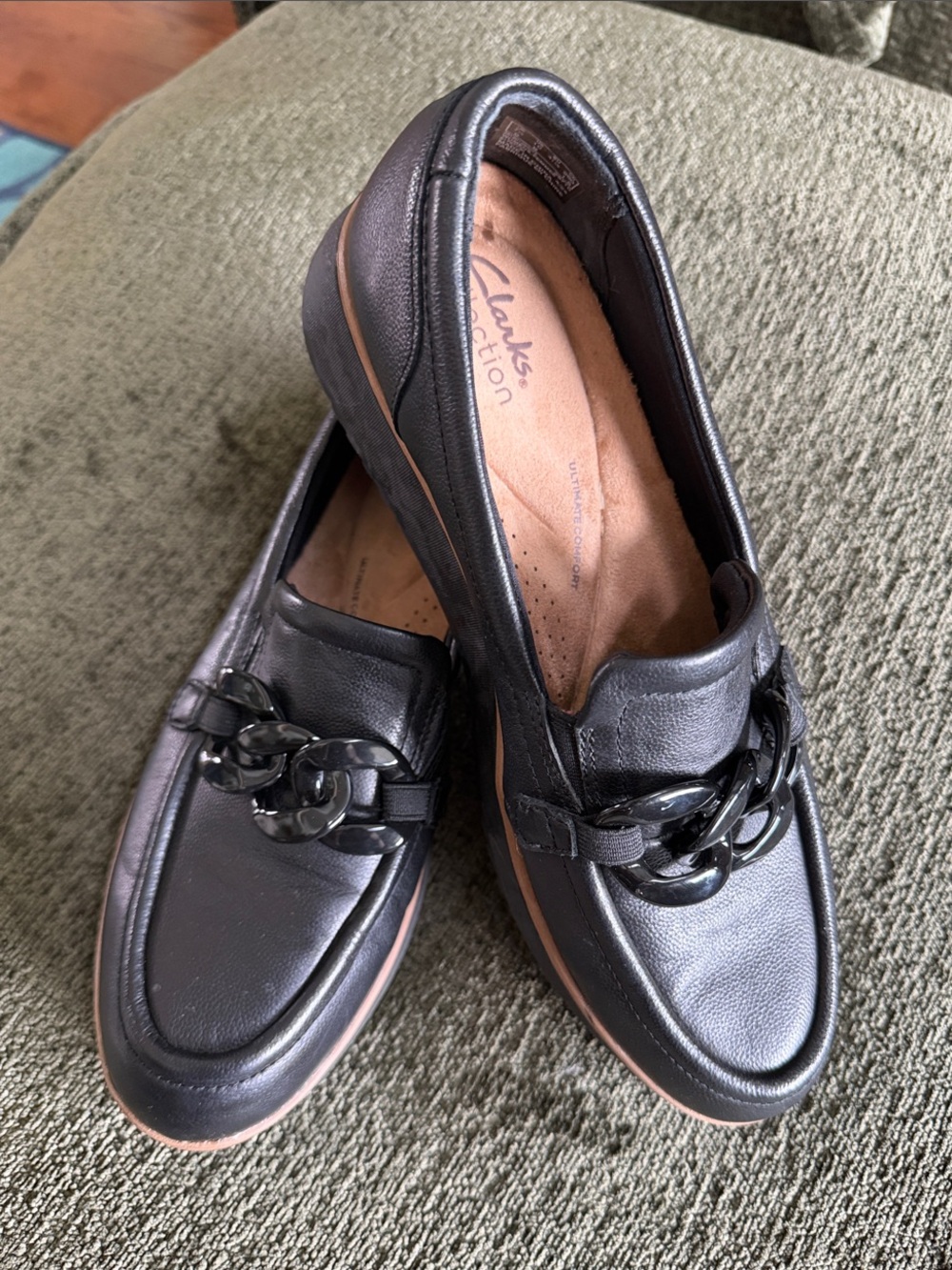 Clarks Black Loafers with Tan Accent Stripe